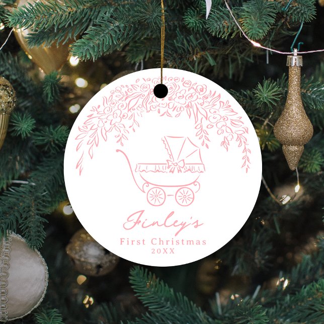 Ornamento De Cerâmica Pink Whimsical Stroller Baby's First Christmas (Pink Whimsical Stroller Baby's First Christmas Ceramic Ornament)