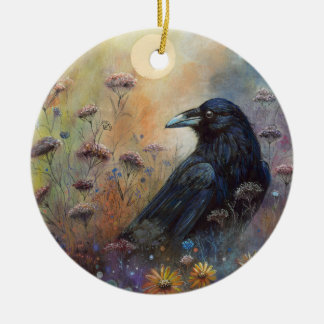 Ornamento De Cerâmica Pintado à Mão Raven com Flores Selvagens