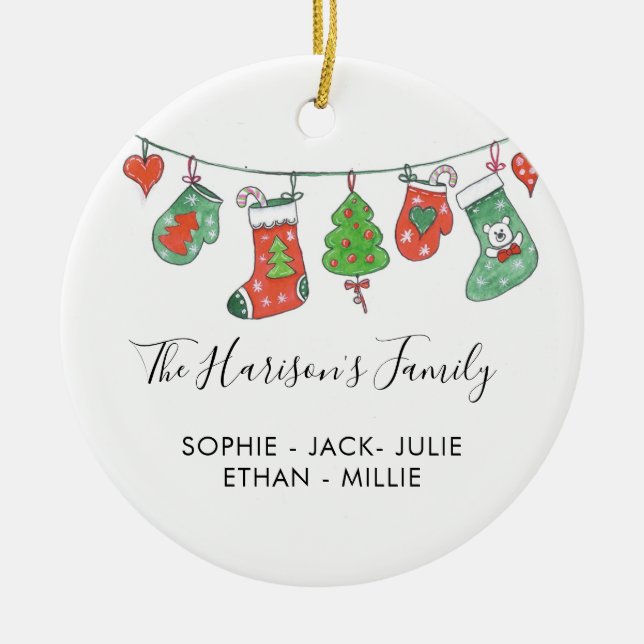 Ornamento De Cerâmica Pintas de aquarelas de Natal da Família Personaliz (Frente)