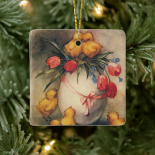 Ornamento De Cerâmica Pintinhos de Páscoa com Flores de Tulip Vermelhas