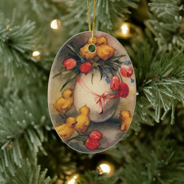 Ornamento De Cerâmica Pintinhos de Páscoa, Ovos com Flores de Tulipas Ve (Árvore)