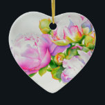 Ornamento De Cerâmica Pintor branco-rosa-esbelto-esbranquiçado<br><div class="desc">Esta pintura floral romântica de cor rosa e peônia branca dá-vos um sentimento de elegância clássica ao estilo do mundo antigo! Uma bela pintura de aquarela original de H Cooper. A imagem é personalizável e transferível para a década de 100 de produtos!</div>