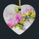 Ornamento De Cerâmica Pintor branco-rosa-esbelto-esbranquiçado<br><div class="desc">Esta pintura floral romântica de cor rosa e peônia branca dá-vos um sentimento de elegância clássica ao estilo do mundo antigo! Uma bela pintura de aquarela original de H Cooper. A imagem é personalizável e transferível para a década de 100 de produtos!</div>