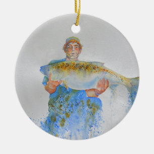 Ornamento De Cerâmica Pintor de aquarelas do pescador presente de pesca