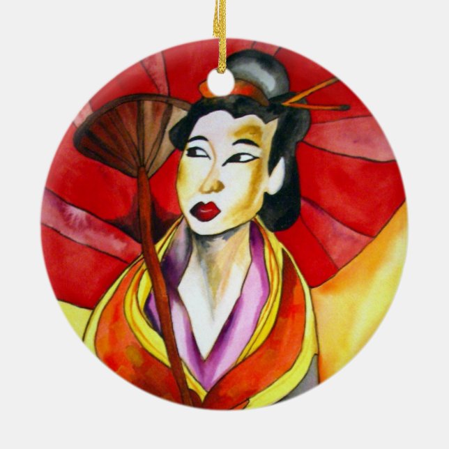 Ornamento De Cerâmica Pintura a aquarela original em Geisha (Traseira)