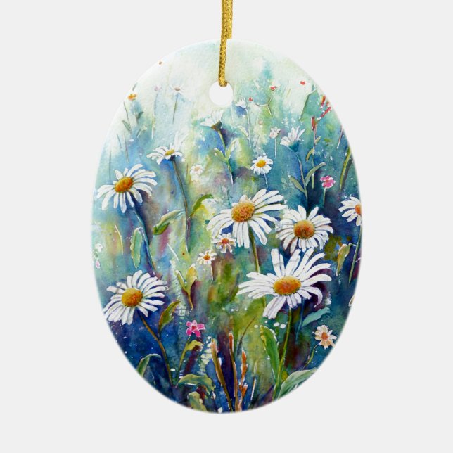 Ornamento De Cerâmica Pintura da aguarela do campo da margarida (Frente)
