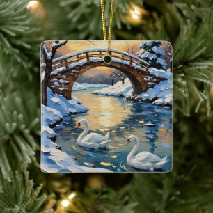 Ornamento De Cerâmica Pintura da Família de Cisnes Vintage sob Ponte Nev