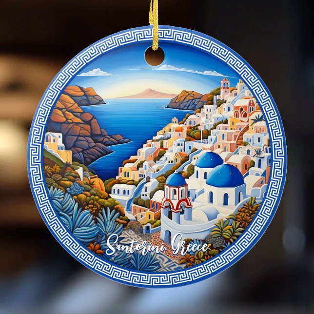 Ornamento De Cerâmica Pintura da Ilha da Grécia Santorini | Viagem Art (Santorini Greece Island Painting | Travel Art Ceramic Ornament)