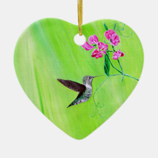 Ornamento De Cerâmica Pintura de Beija-flor e Ervilhas-de-cheiro