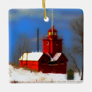 Ornamento De Cerâmica Pintura de Farol Vermelho Grande - Arte Original