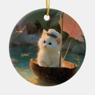Ornamento De Cerâmica Pintura de Gatinho Branco Fofinho Navegando em Coc