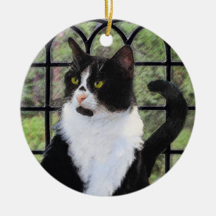Ornamento De Cerâmica Pintura de Gato Tuxedo - Arte de Gato Original Cus