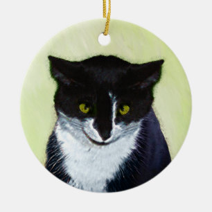 Ornamento De Cerâmica Pintura de Gato Tuxedo - Arte de Gato Original Cus