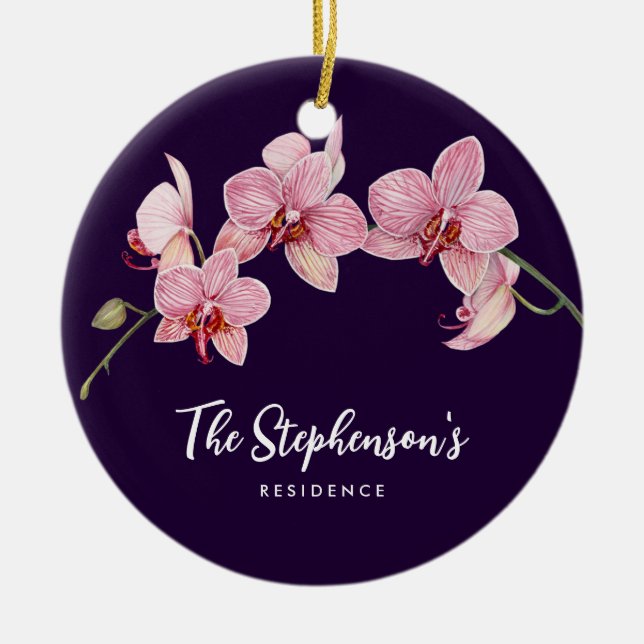 Ornamento De Cerâmica Pintura de Orquídeas Rosa-Mola com Aquarela (Frente)