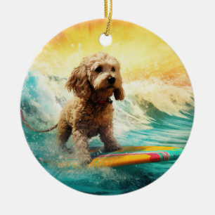 Ornamento De Cerâmica Pintura de Surf na Praia de Cockapoo
