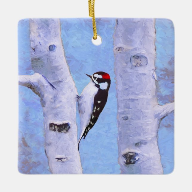 Ornamento De Cerâmica Pintura do Pica-Pau Downy - Arte Original (Frente)