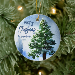 Ornamento De Cerâmica Pintura em Aquarela de Árvore de Natal com Neve Na