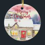 Ornamento De Cerâmica Pintura em Aquarela de Cottage Neve<br><div class="desc">Baseado na minha pintura a aquarela, Snowy Cottage, uma pintura de um belo quadro de inverno de uma casa de telhado Inglês coberta de neve, com uma conífera decorada na frente da casa e um bonitinho bonitinho bonitinho a saudar no primeiro plano. A cabana estava completamente iluminada como dentro, brilhando...</div>