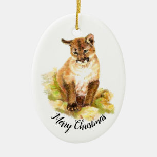 Ornamento De Cerâmica Pintura em Aquarela de Natal em um filhote de Coug