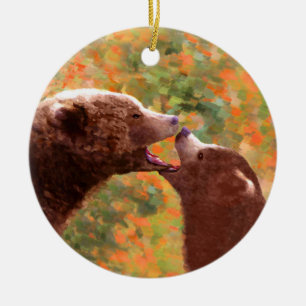 Ornamento De Cerâmica Pintura em Cubo e Mãe de Urso Grizzly - Arte da V