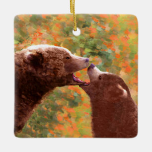 Ornamento De Cerâmica Pintura em Cubo e Mãe de Urso Grizzly - Arte da V