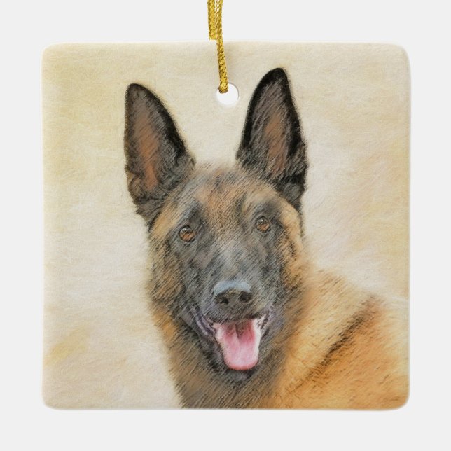 Ornamento De Cerâmica Pintura em Malinois Belga - Arte Cachorra Original (Frente)