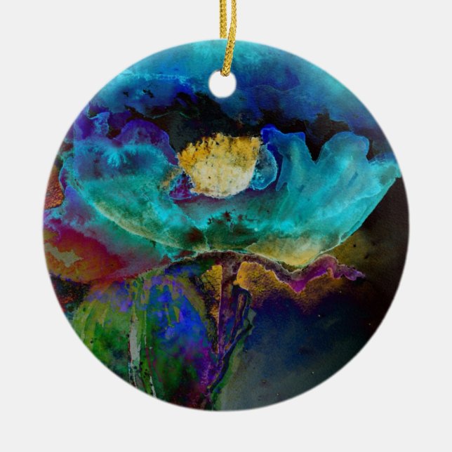 Ornamento De Cerâmica Pintura floral romântica elegante de teal (Frente)