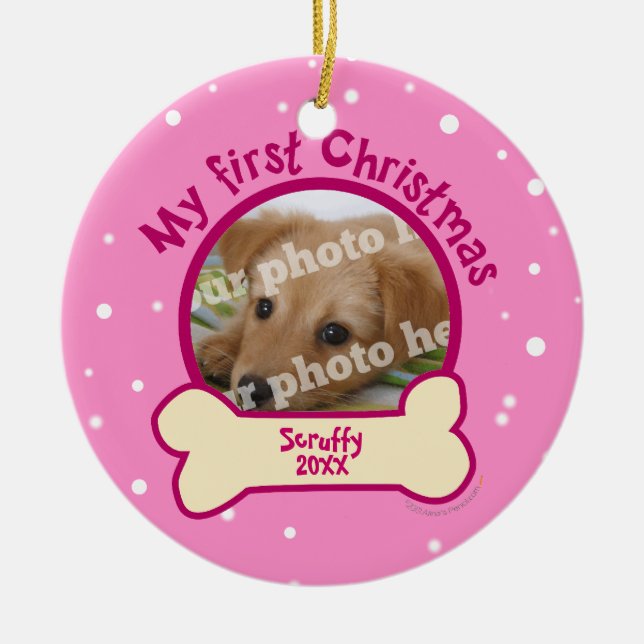Ornamento De Cerâmica Pique meu cão personalizado primeiro Natal da foto (Frente)