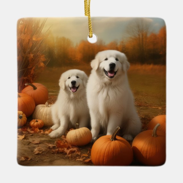 Ornamento De Cerâmica Pirenéus excelentes Puppy Autumn Delight Pumpkin (Frente)
