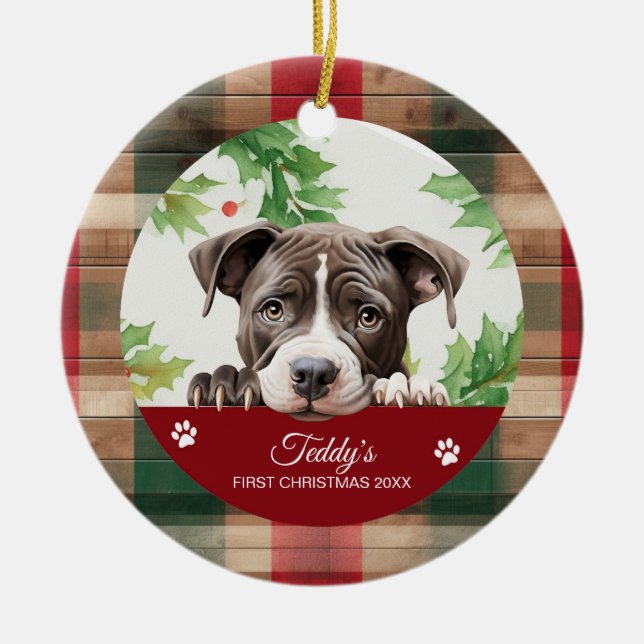 Ornamento De Cerâmica Pit Bull Personalizado Natal Americano (Frente)