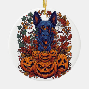 Ornamento De Cerâmica Pitbull Azul Abóboras de Halloween Folhas de Outon