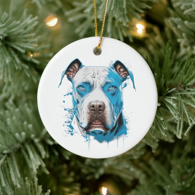 Ornamento De Cerâmica Pitbull branco com olhos azuis (Árvore)