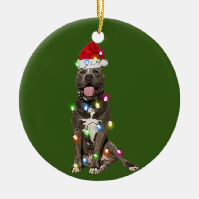Ornamento De Cerâmica PITBULL com café de Natal Santa Hat (Frente)