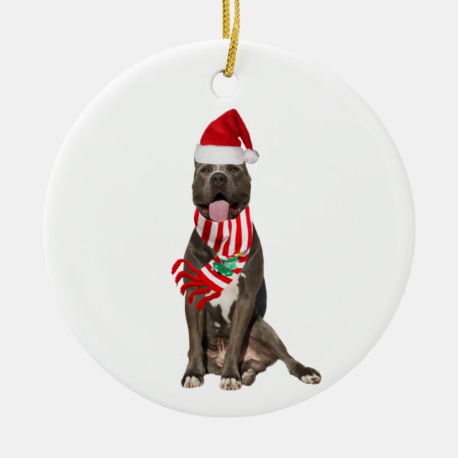 Ornamento De Cerâmica PITBULL com o Natal do chapéu (Frente)