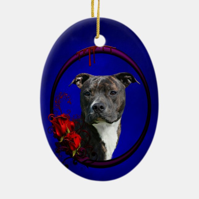Ornamento De Cerâmica Pitbull e rosas sangrentos (Verso)
