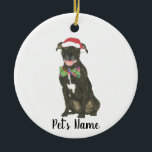 Ornamento De Cerâmica Pitbull Preto Personalizado Staffy Santa Hat Bowti<br><div class="desc">Faça a lista legal este ano com um ornamento do seu elfo pitbull favorito! Para os presentes mais doces, emparelhe-o com um impressão de arte correspondente ou outro item da minha coleção para um bem pensado, chá de panela, professor, sogra, marido, namorado, papais noeis secretos, simpatia ou presente difícil de...</div>