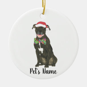 Ornamento De Cerâmica Pitbull Preto Personalizado Staffy Santa Hat Bowti
