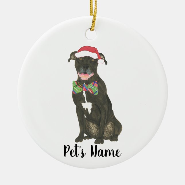 Ornamento De Cerâmica Pitbull Preto Personalizado Staffy Santa Hat Bowti (Frente)