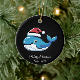 Ornamento De Cerâmica Pixel Art Baleia Azul Chapéu do Papai Noel