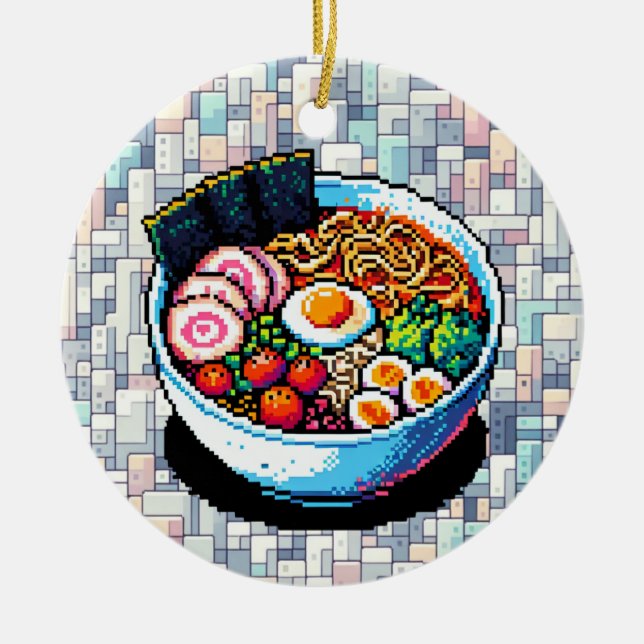 Ornamento De Cerâmica Pixel Art Ramen Noodles (Frente)