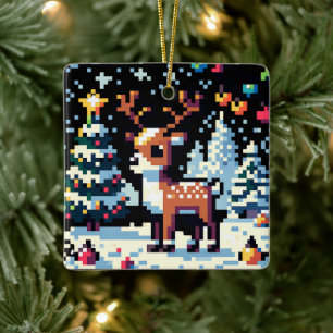 Ornamento De Cerâmica Pixel Art Reindeer no Natal da Neve