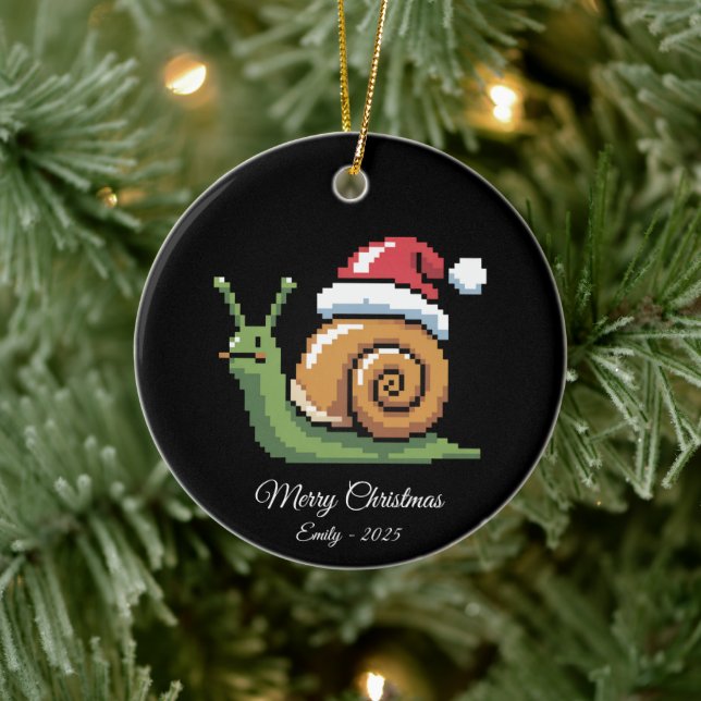 Ornamento De Cerâmica Pixel Art Snail Santa Hat Black (Árvore)