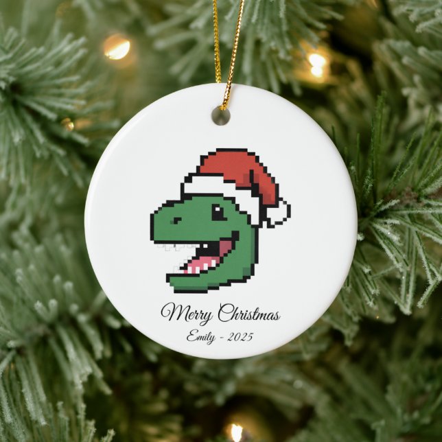 Ornamento De Cerâmica Pixel Art T-Rex Dinosaur Santa Hat Christmas Gift (Árvore)