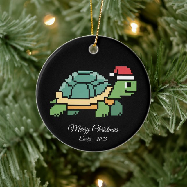 Ornamento De Cerâmica Pixel Art Turtle Tortoise Santa Hat (Árvore)