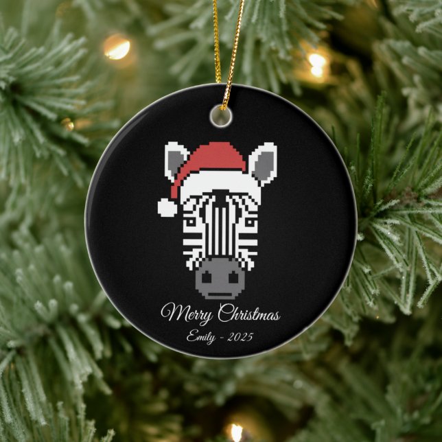 Ornamento De Cerâmica Pixel Art Zebra Santa Hat Black Background Gift (Árvore)