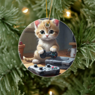 Ornamento De Cerâmica "Pixel Paws: The Gamer Kitten in Action"