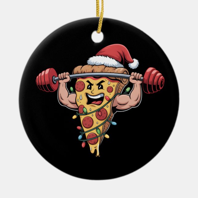 Ornamento De Cerâmica Pizza Engraçada Levantando Noivos Homens de Natal (Frente)