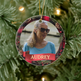 Ornamento De Cerâmica Plaid Christmas Wreath ANY Photo Tree Ornament