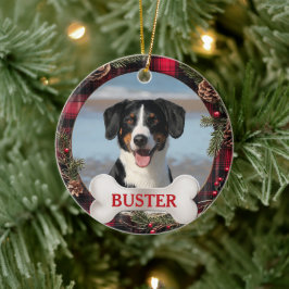Ornamento De Cerâmica Plaid Christmas Wreath Dog Photo Tree Ornament