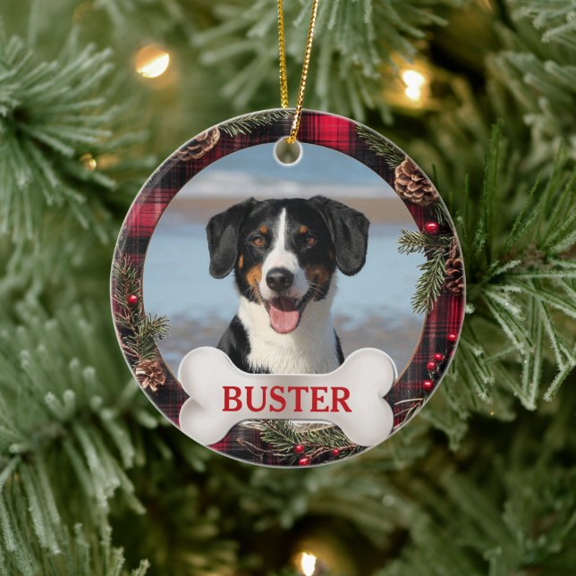 Ornamento De Cerâmica Plaid Christmas Wreath Dog Photo Tree Ornament (Árvore)